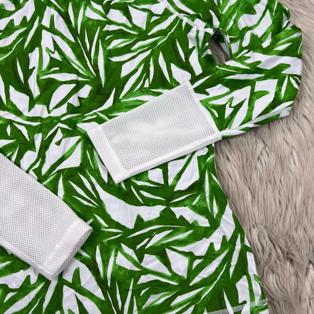 Athleta Women's XS Green White Palm Leaf Print Rash Guard Mesh Cuff